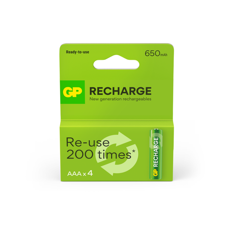 GP – Recharge Rechargeable Battery, Size AAA, 650 mAh, 4-pack