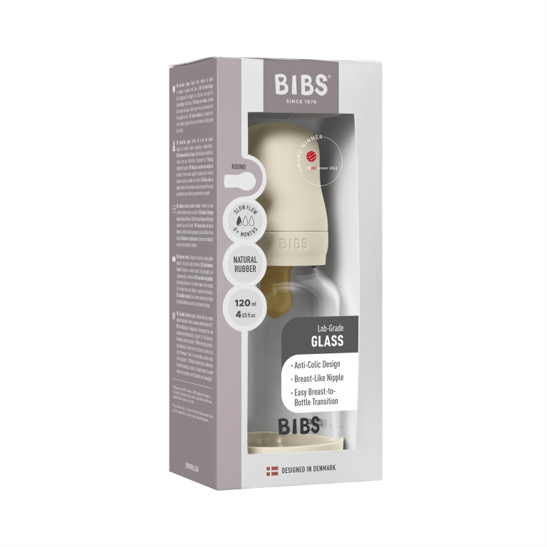 BIBS – Glass Baby Bottle Round Latex Slow Flow – Ivory – 120 ml