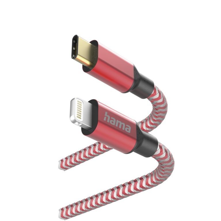 Hama 00201562 Reflective Charging Cable, USB-C – Lightning 1.5m Nylon red