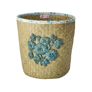 Rice - Raffia Basket with Blue Flower Embroidery and Flower Fabric Edge - Blue