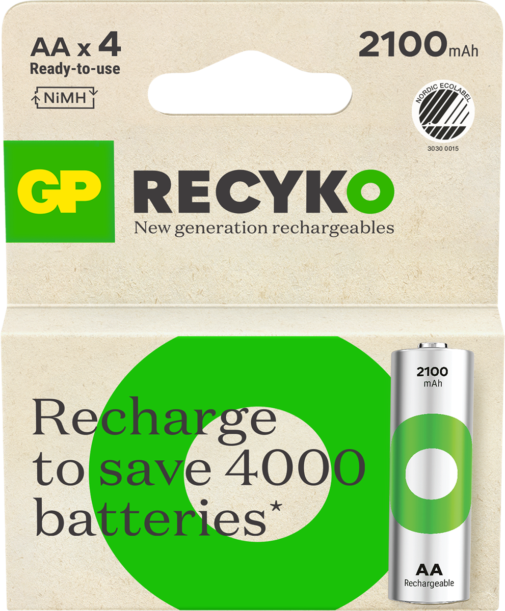 GP - ReCyko Rechargeable Battery, Size AA, 2100 mAh, 4-pack