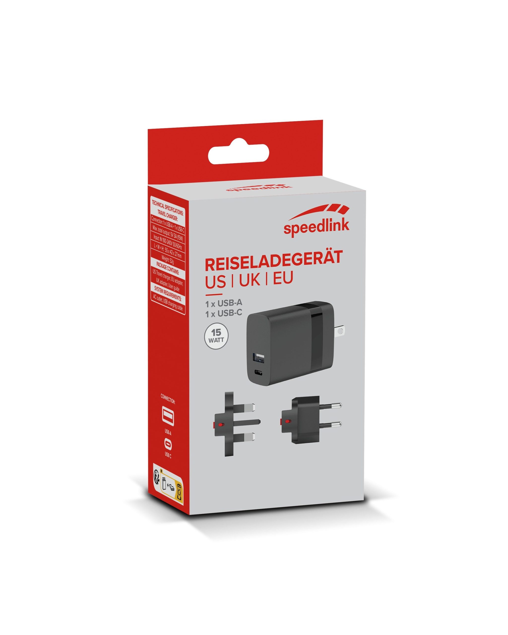 Speedlink - Travel Charger USB-A & USB-C 15W for US-UK-EU, black