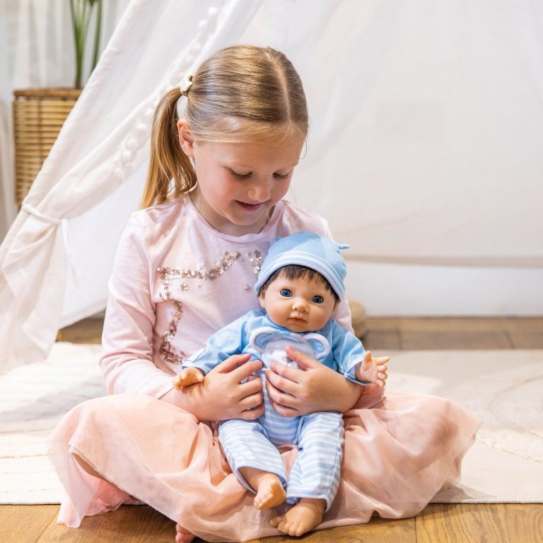 TINY TREASURES – Blue Bear Doll  Brown Hair (30543)