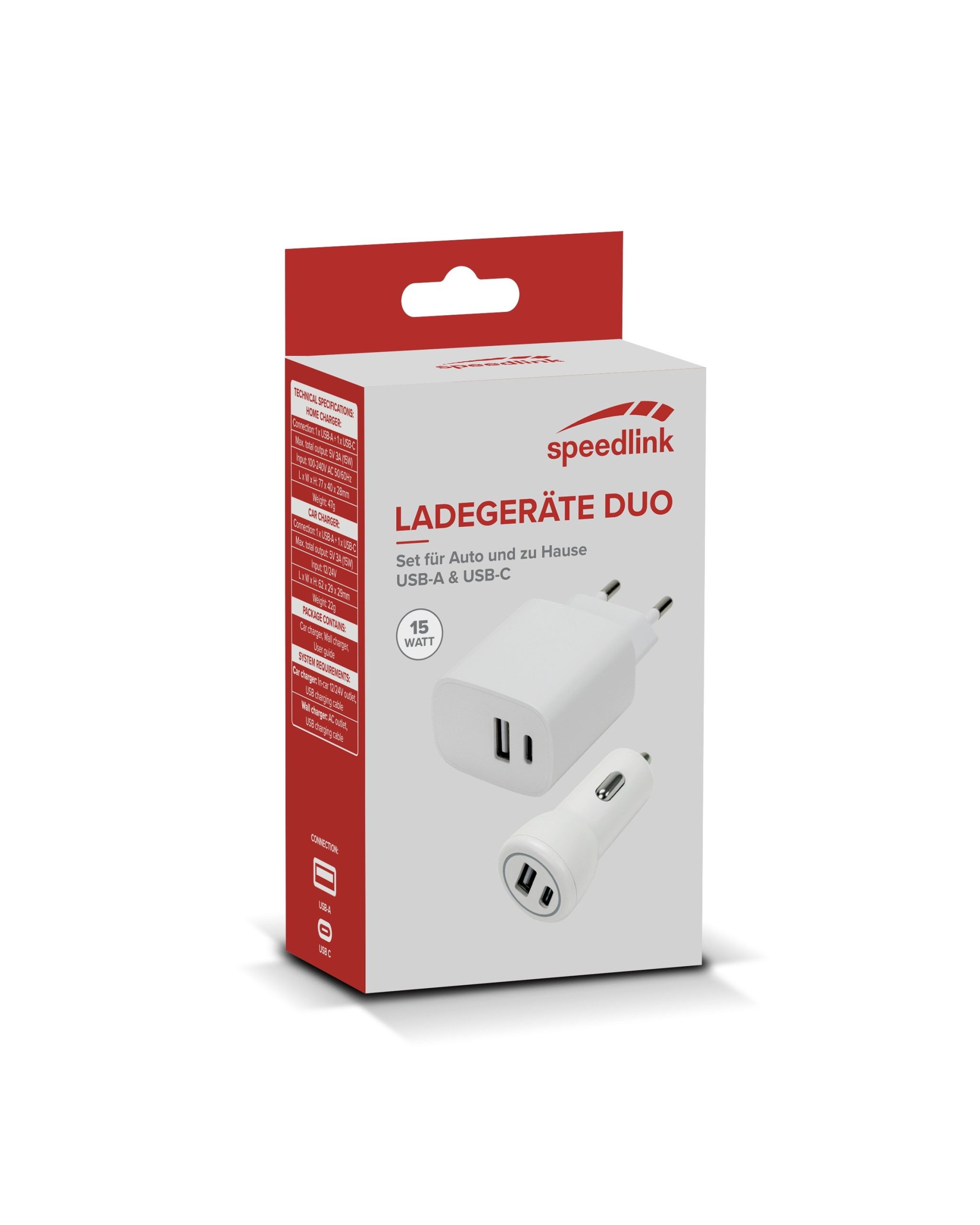 Speedlink - Wall & Car Charger Set USB-A & USB-C 15W, white