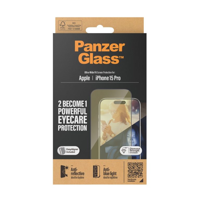 PanzerGlass – Eyecare Screen Protector iPhone 15 Pro – Ultra-Wide Fit m. EasyAligner