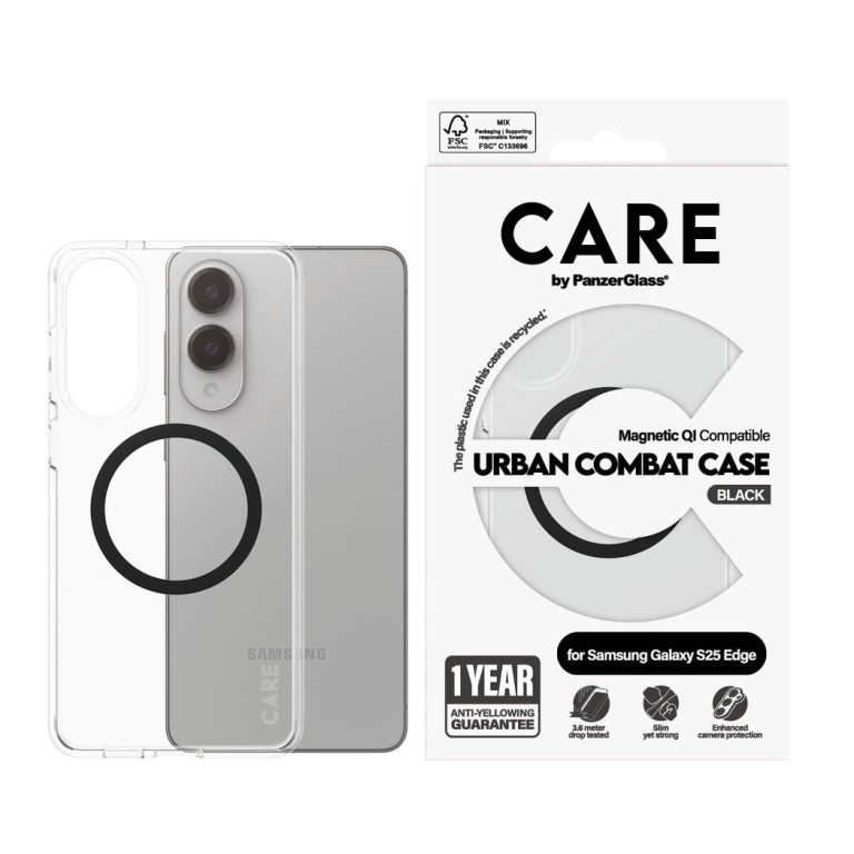 CARE by PanzerGlass – Flagship Case Transparent Urban Combat w. Black Qi Compatible Samsung S25 Edge