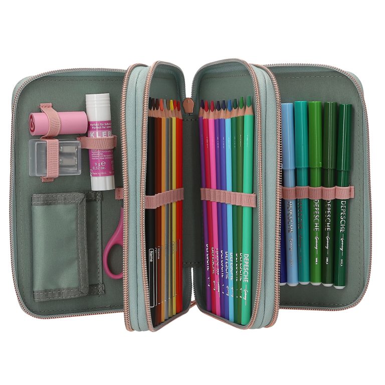 Miss Melody – Triple Pencil Case ROMANTIC FIELDS – Glittery Sage-Green