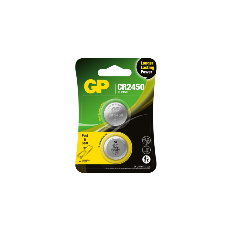 GP – Lithium Cell Battery CR2450, 3V, Safety Seal, 2-pack