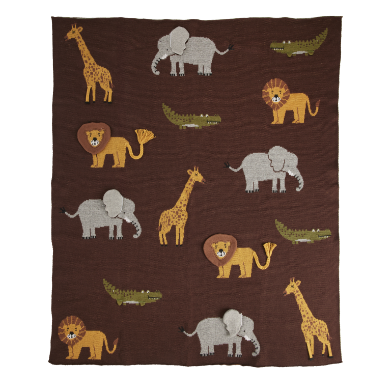 Rice – Knitted Baby Blanket with Animals and 3D Details – Chocolate Brown