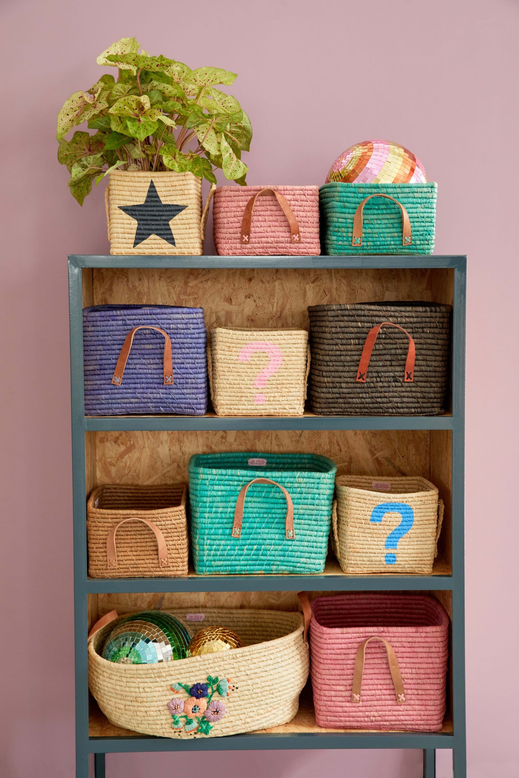 Rice - Small Square Raffia Basket with Leather Handles - Blue