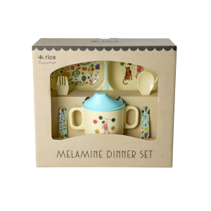 Rice - Melamine Baby Dinner Set - Fun Fair Print - Mint and Blue