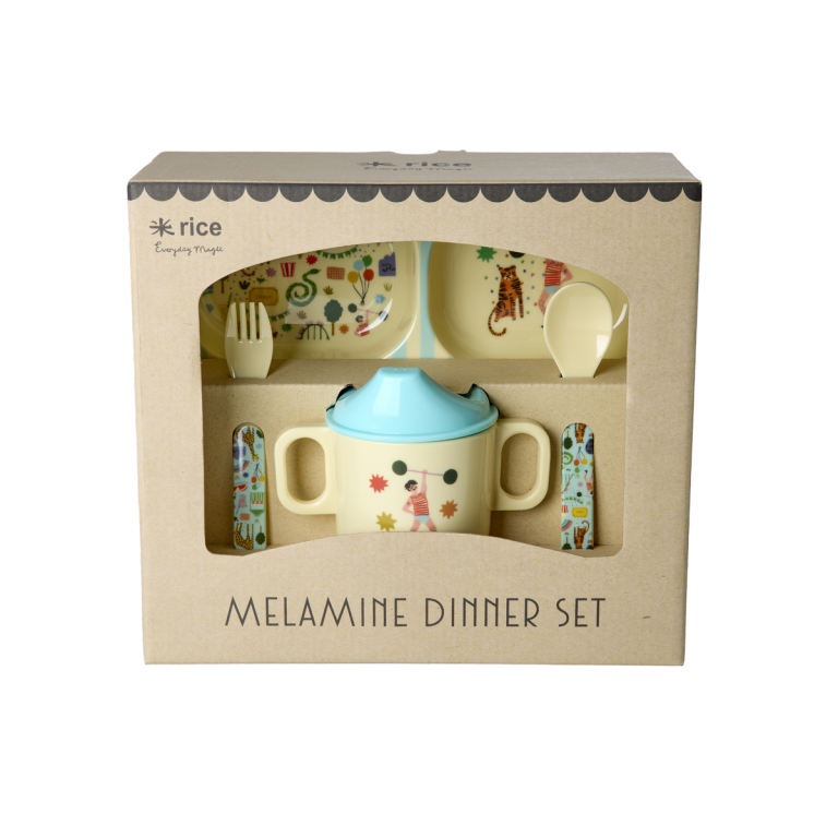 Rice – Melamine Baby Dinner Set – Fun Fair Print – Mint and Blue