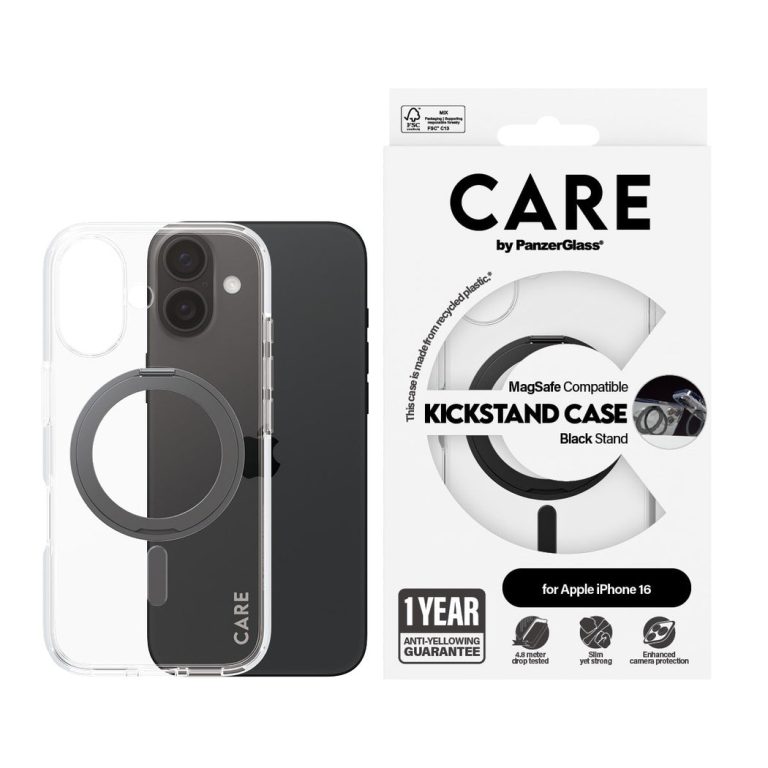 CARE by PanzerGlass – Feature Case Transparent w. Black Kickstand & MagSafe – iPhone 16