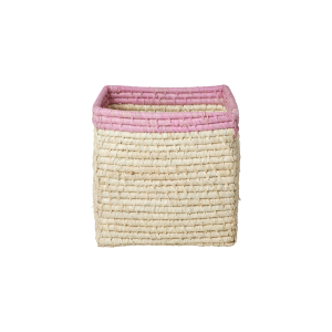 Rice - Raffia Basket without Handles in Nature with Soft Pink Border - 20 cm x 20 cm x 20 cm - natural with soft pink border