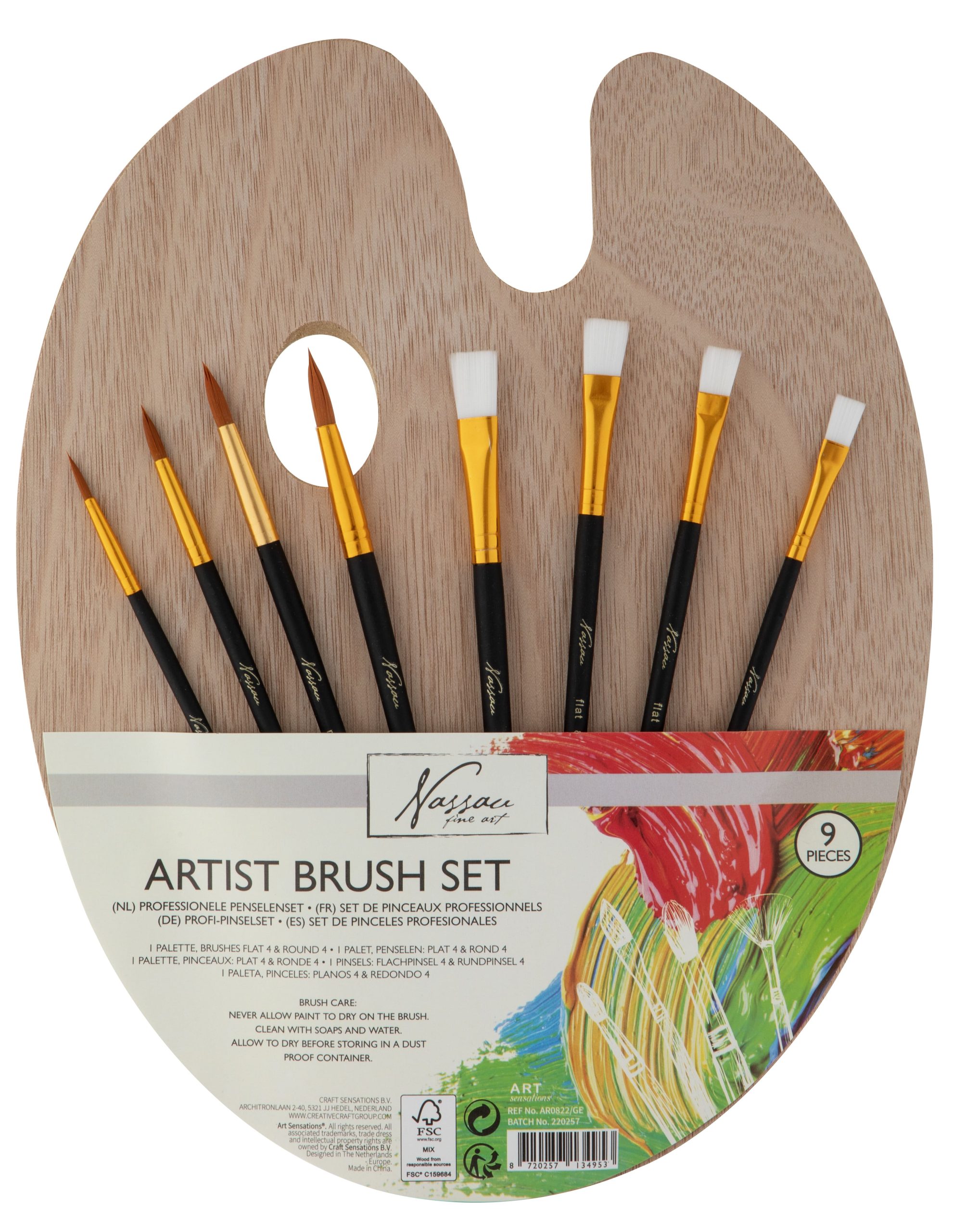 Nassau - Wooden Palette with 4 Flat and 4 Round Brushes - (K-AR0822/GE)