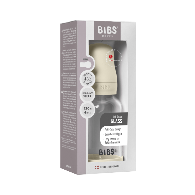 BIBS – Glass Baby Bottle Round Silicone 1 pack 120 ml Slow Flow – Ivory – 120 ml