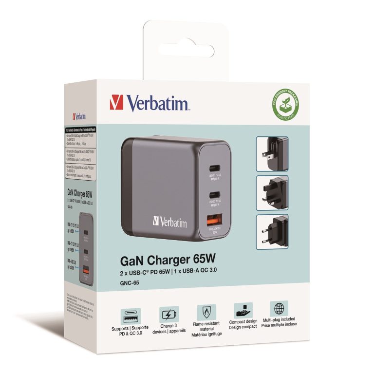 Verbatim – GNC-65 GaN Charger 3 Port 65W USB-A/USB-C