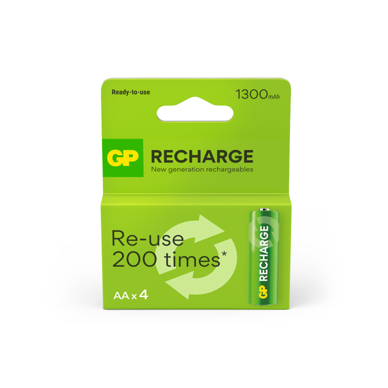 GP – Recharge Rechargeable Battery, Size AA, 1300 mAh, 4-pack