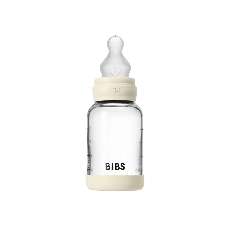 BIBS – Glass Baby Bottle Round Silicone 1 pack 120 ml Slow Flow – Ivory – 120 ml