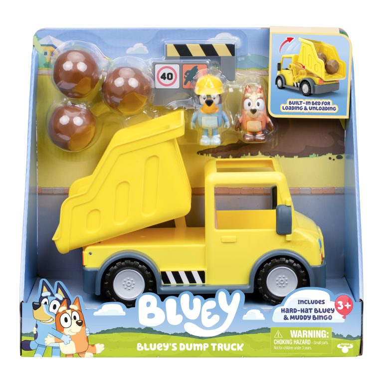 Bluey – Bluey’s Dump Truck with Exclusive Hard-Hat Bluey and Muddy Bingo Figures – (90317)