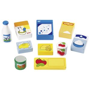 Goki - Toy shop miniatures in a basket, food and household goods