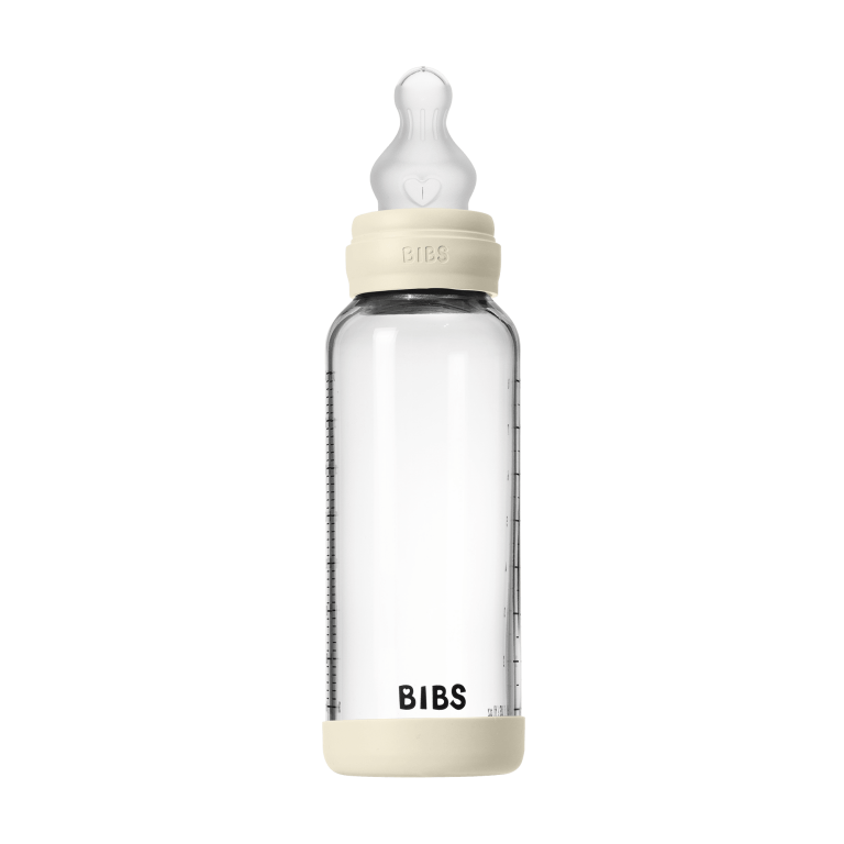 BIBS – Glass Baby Bottle Round Silicone Medium Flow – Ivory – 240 ml