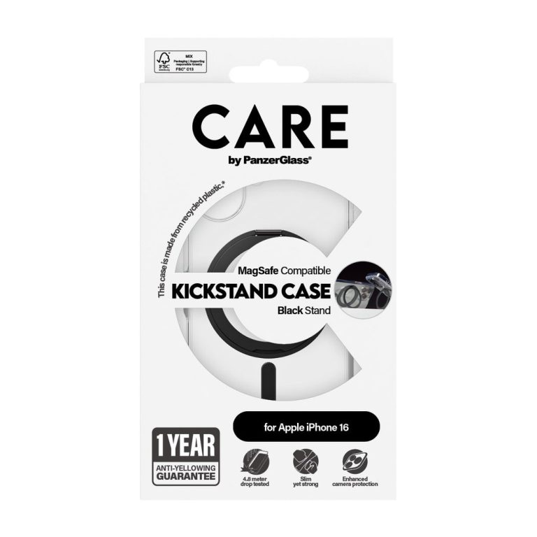 CARE by PanzerGlass – Feature Case Transparent w. Black Kickstand & MagSafe – iPhone 16