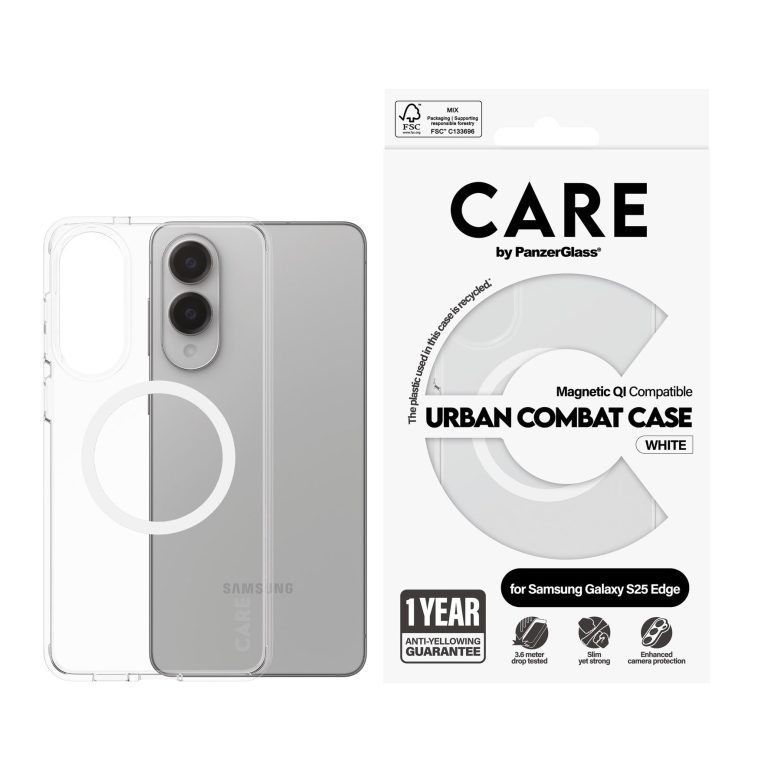 CARE by PanzerGlass – Flagship Case Transparent Urban Combat w. White Qi Compatible Samsung S25 Edge