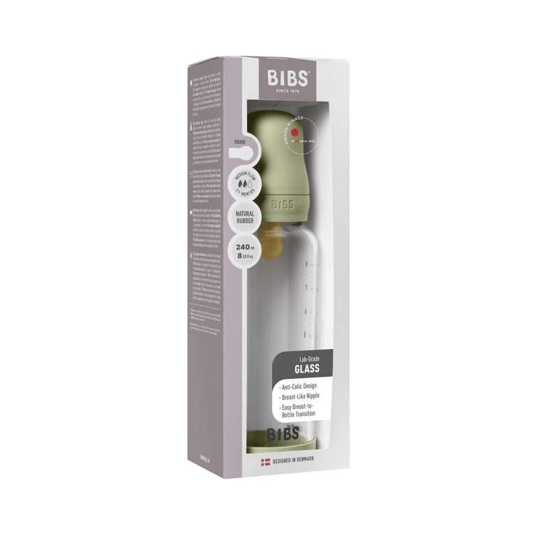 BIBS – Glass Baby Bottle Round Latex Medium Flow – Sage – 240 ml