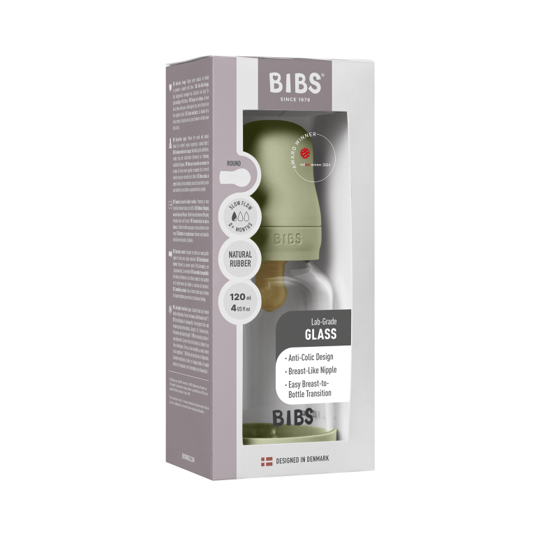 BIBS – Glass Baby Bottle Round Latex Slow Flow – Sage – 120 ml