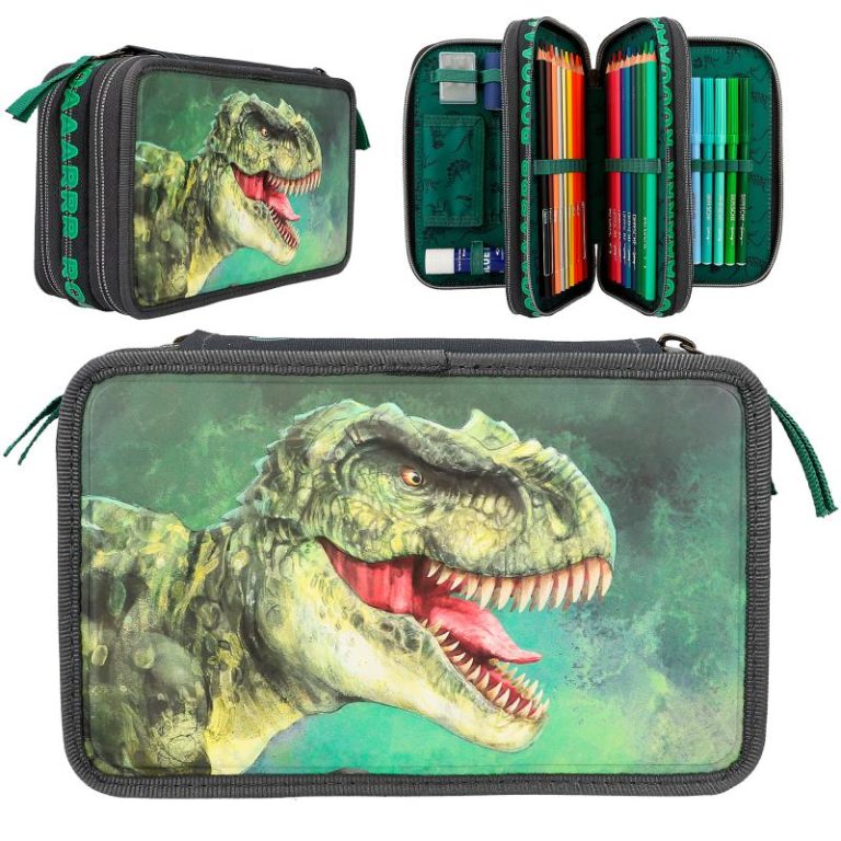 Dino World – Triple Pencil Case – Green With 3D Effect – ( 0412475 )