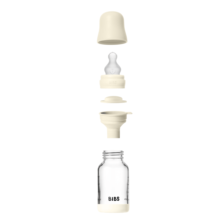 BIBS – Glass Baby Bottle Round Silicone 1 pack 120 ml Slow Flow – Ivory – 120 ml