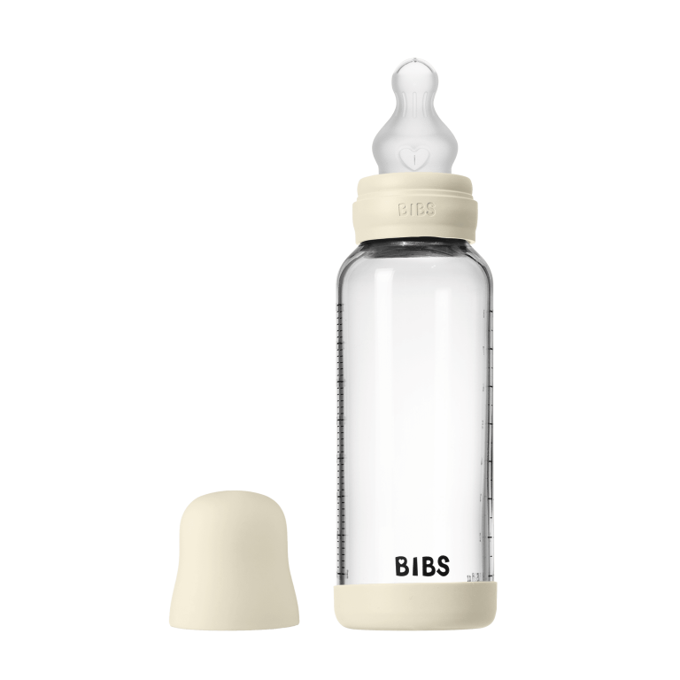 BIBS – Glass Baby Bottle Round Silicone Medium Flow – Ivory – 240 ml