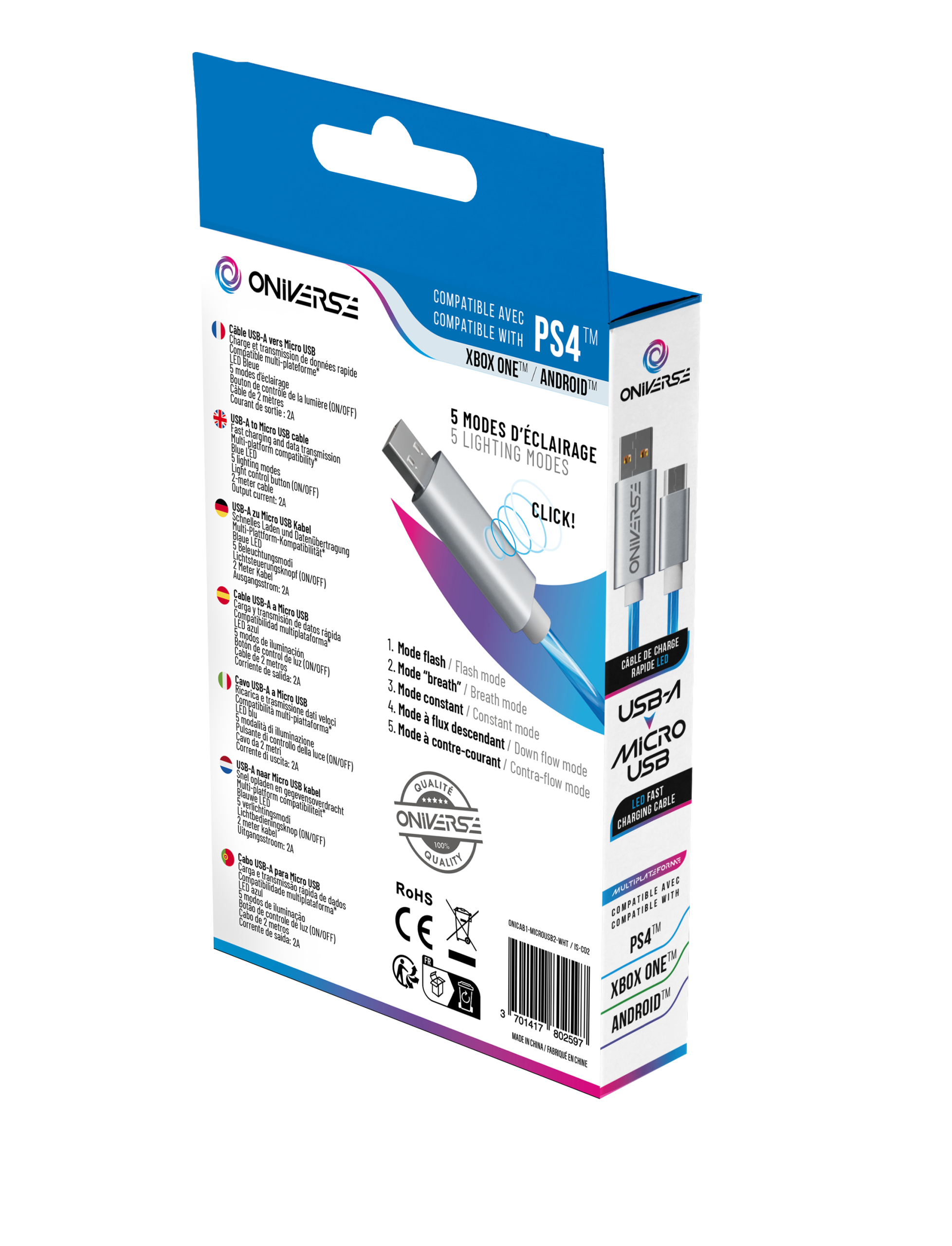 Oniverse Micro Usb Charge Cable With Led, 2 Meters - White