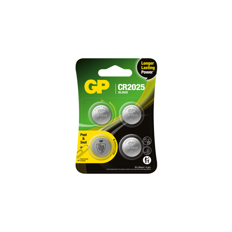 GP – Lithium Cell Battery CR2025, 3V, Safety Seal, 4-pack
