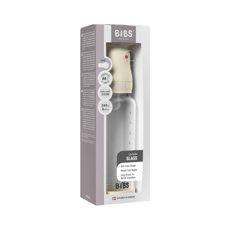 BIBS – Glass Baby Bottle Round Silicone Medium Flow – Ivory – 240 ml