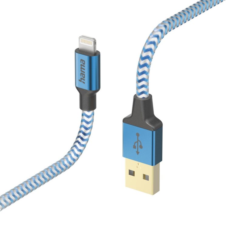Hama 00201553 Reflective Charging Cable, USB-A – Lightning 1.5m Nylon blue