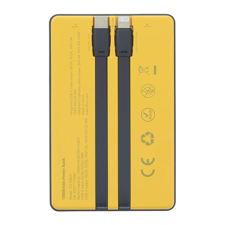 Tellur Power Bank 10000mAh, USB-C + Lightning cables built-in  yellow