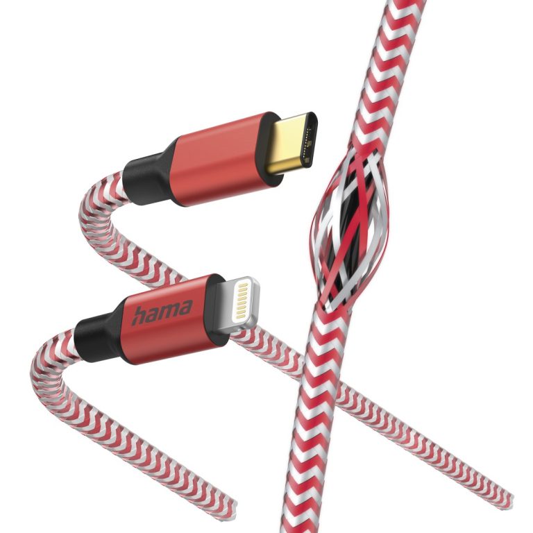Hama 00201562 Reflective Charging Cable, USB-C – Lightning 1.5m Nylon red